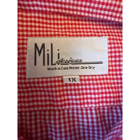 Vintage 80 Red & White Gingham Button-Up Shirt Ladybug Embroidery 1X Cotton - Picture 3 of 7